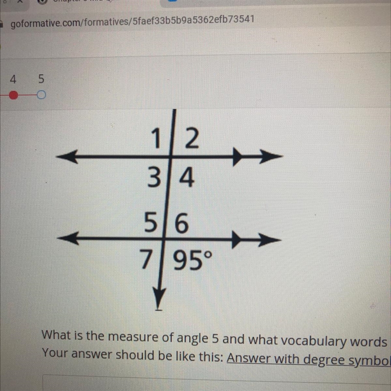 What is the measure of angle five and what vocabulary word is it?-example-1