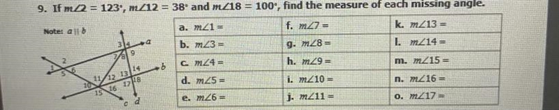 If m<2= 123, m<12=38 and m<18=100, find the measure of each missing angle-example-1