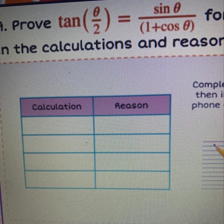 prove tan(theta/2)=sin theta/1+cos theta for theta in quadrant 1 by filling in the-example-1