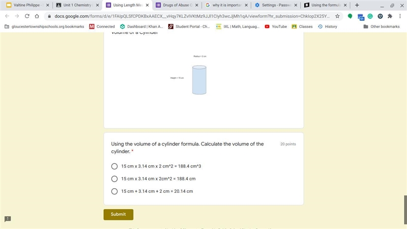 Using the volume of a cylinder formula. Calculate the volume of the cylinder. *-example-1