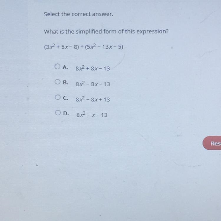 What is the simplified form of the expression? (3x^2+5x-8)+(5x^2-13x-5)-example-1