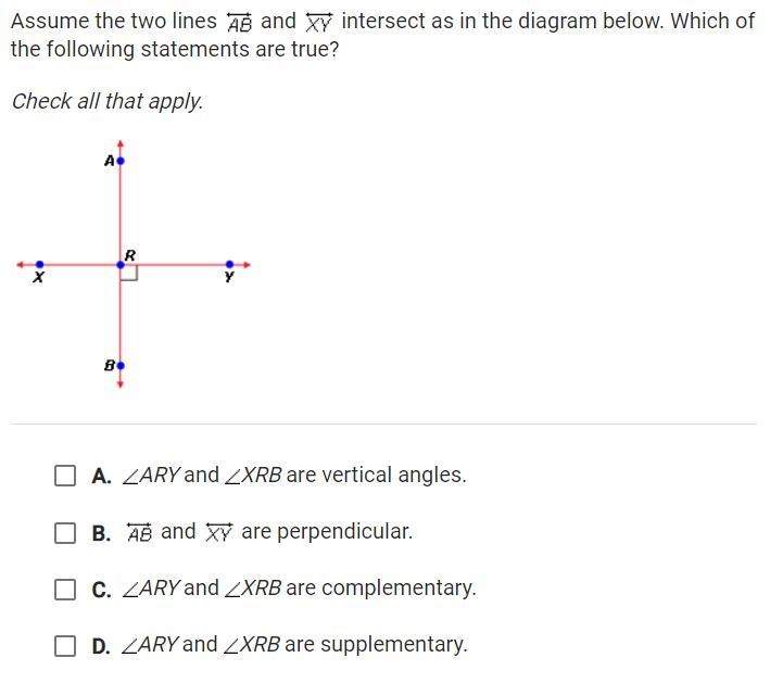 Assume the two lines ↔AB and ↔XY intersect as in the diagram below. Which of the following-example-1