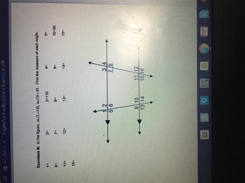 Exercise b: in this figure m 3=110 m 10=95 find the measure of each angle-example-1