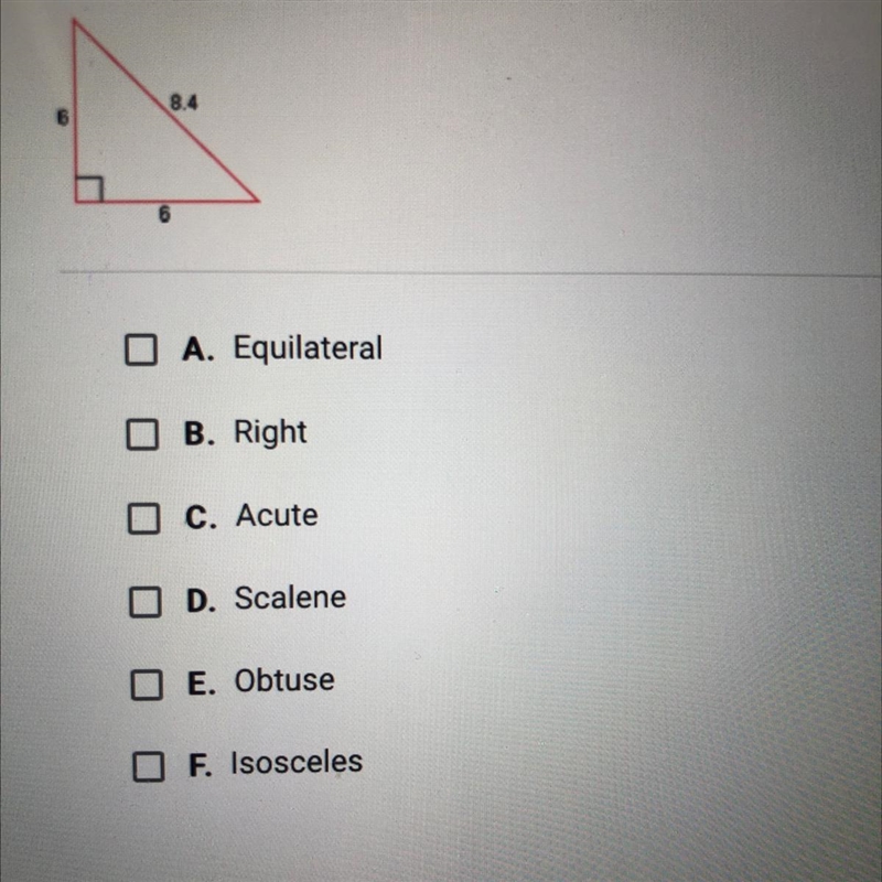 PLEASE HELP ME ASAP?!?Classify the following triangle. Check all that apply.-example-1