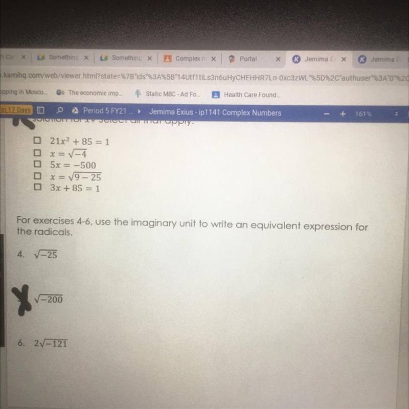 For exercises 4-6, use the imaginary unit to write an equivalent expression for the-example-1