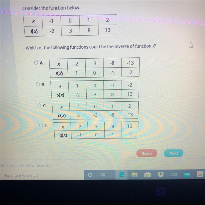 Plzzzz help me Consider the function below. Х -1 0 1 2 (x) 3 oo 13 N Which of the-example-1