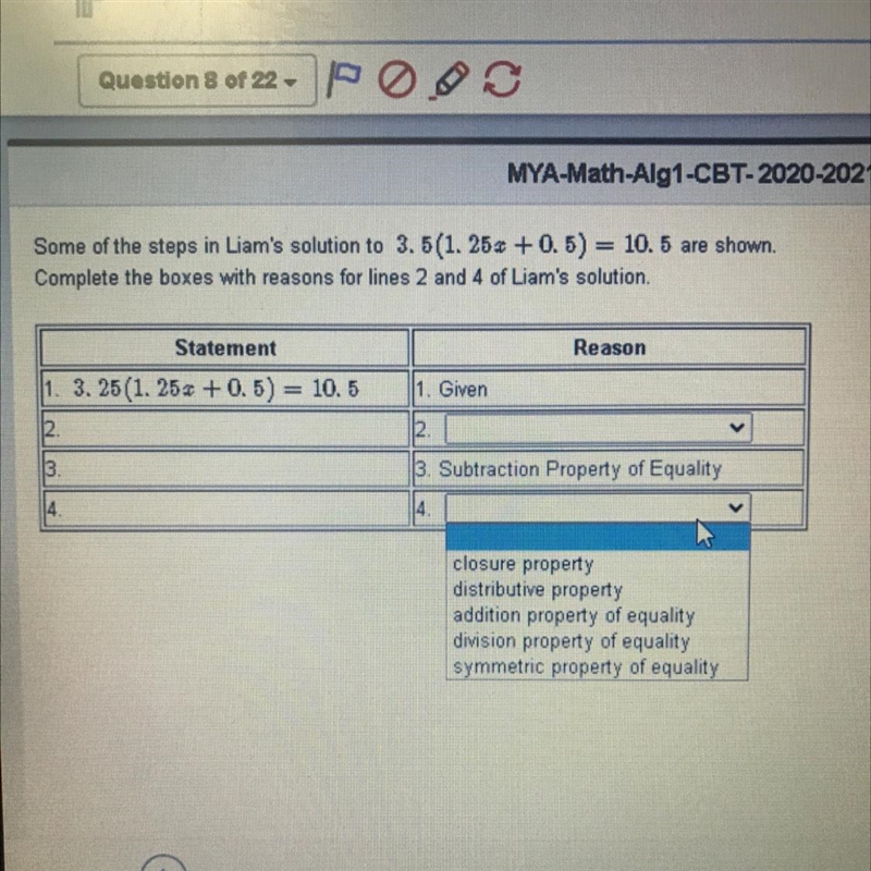 Some of the steps in Liam's solution to 3.5(1.25x+0.5)=10.5 are shown. Complete the-example-1