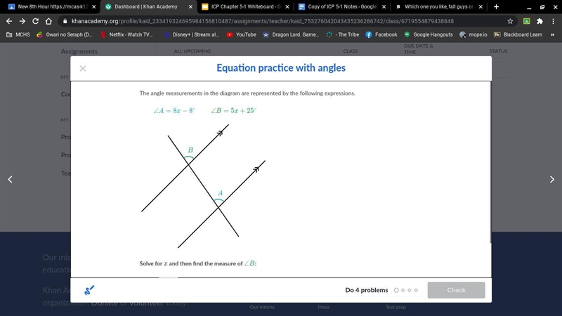 Solve for x and then find the measure of angle, B-example-1