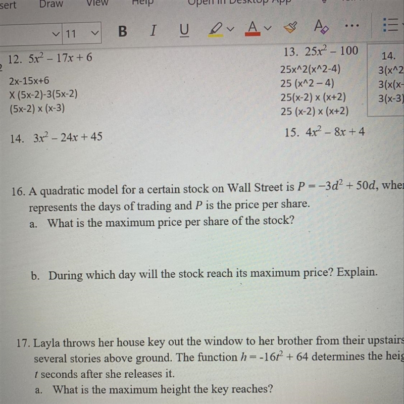 - A quadratic model for a certain stock on Wall Street is P=-3d2 + 50d, where d represents-example-1