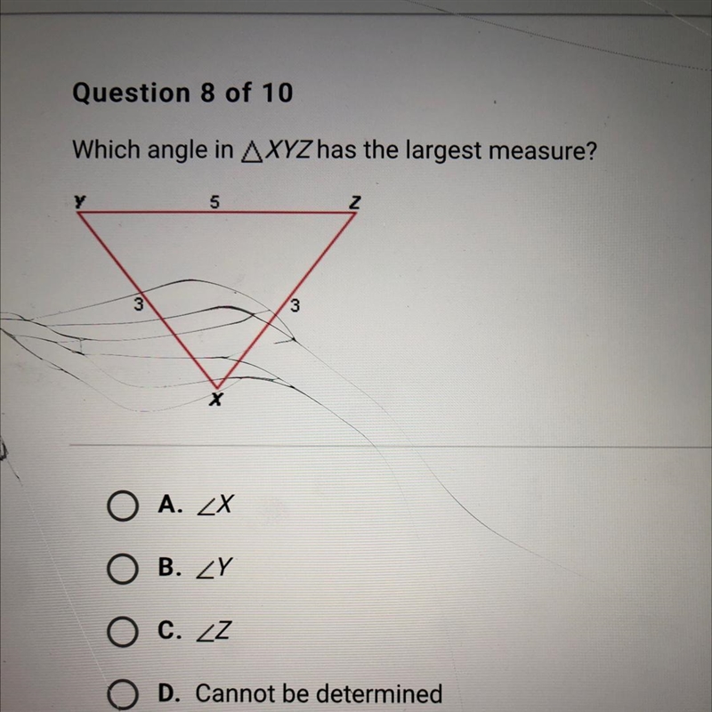 Which angle in ▵XYZ has the largest measure? A. ∠X B. ∠Y C. ∠Z D. Cannot be determined-example-1