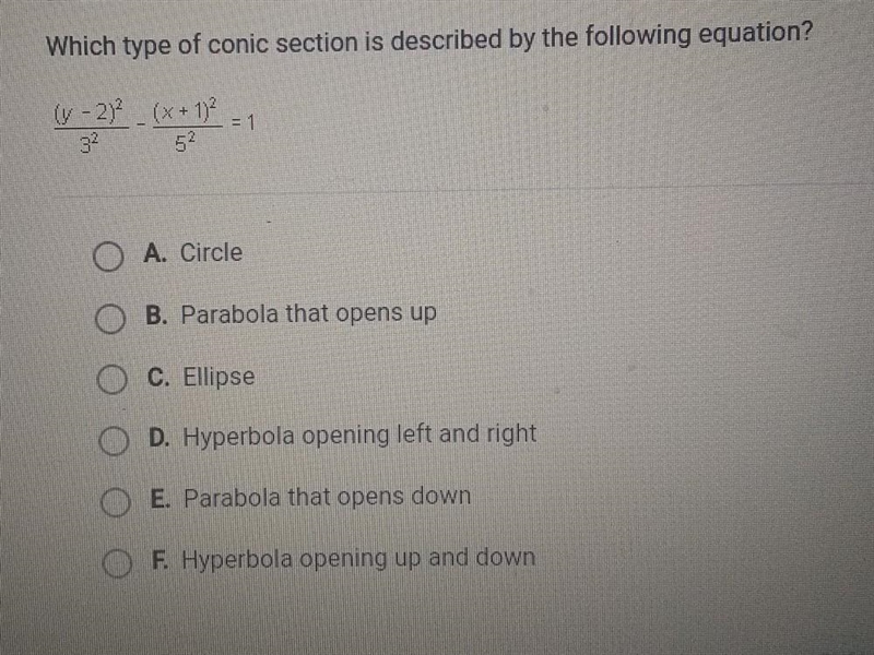 Which type of conic section is described by the following equation? ​-example-1