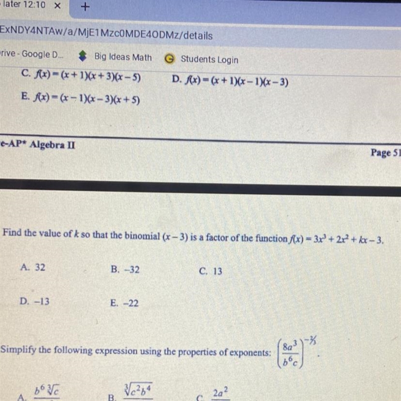 Find the value of k so that the binomial (x – 3) is a factor of the function f(x) = 3x-example-1