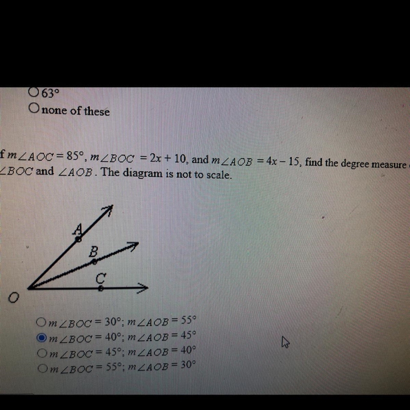 If m AOC=85, m BOC =2x+10, and m AOB=4x-15, find the degree measure of BOC and AOB-example-1