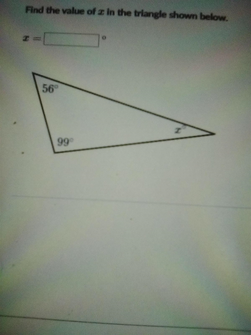 Find the value of x in the triangle shown below.-example-1