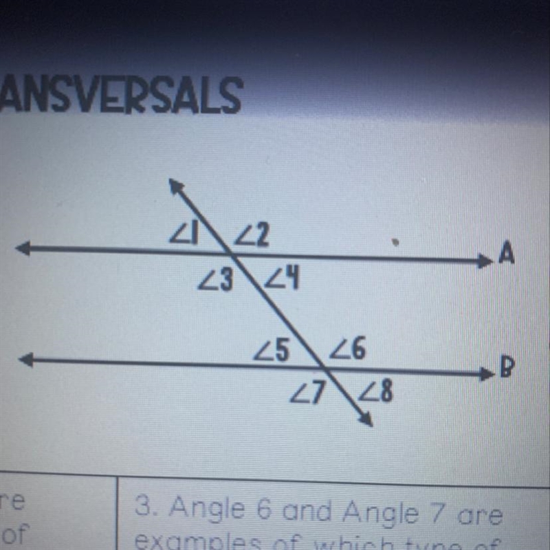 2. Angle land Angle 5 are examples of which type of angle pair? A. Alternate exterior-example-1