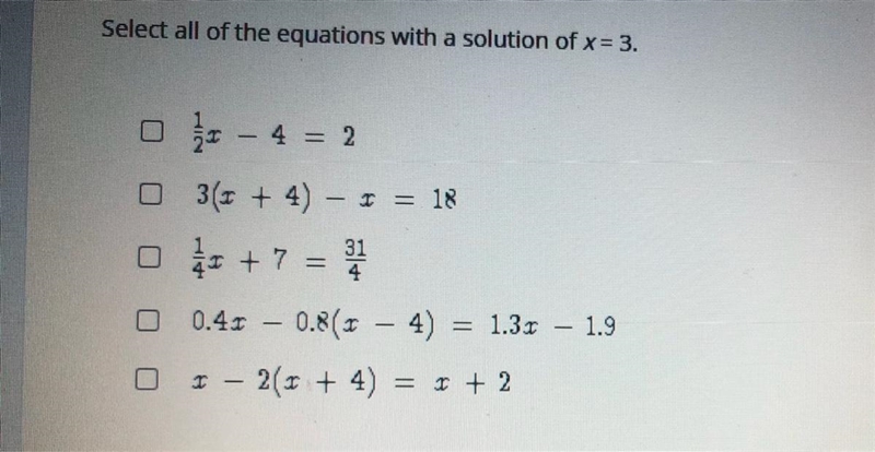 Select ALL the correct answers. Select all of the equations with a solution-example-1