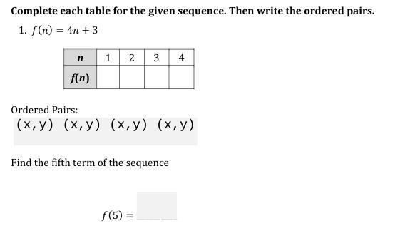 Complete each table for the given sequence. Then write the ordered pair-example-1