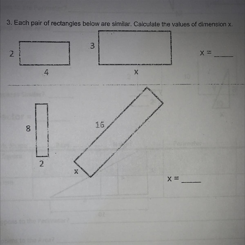 Each pair of rectangles below are similar. Calculate the values of dimension x. PLEASE-example-1