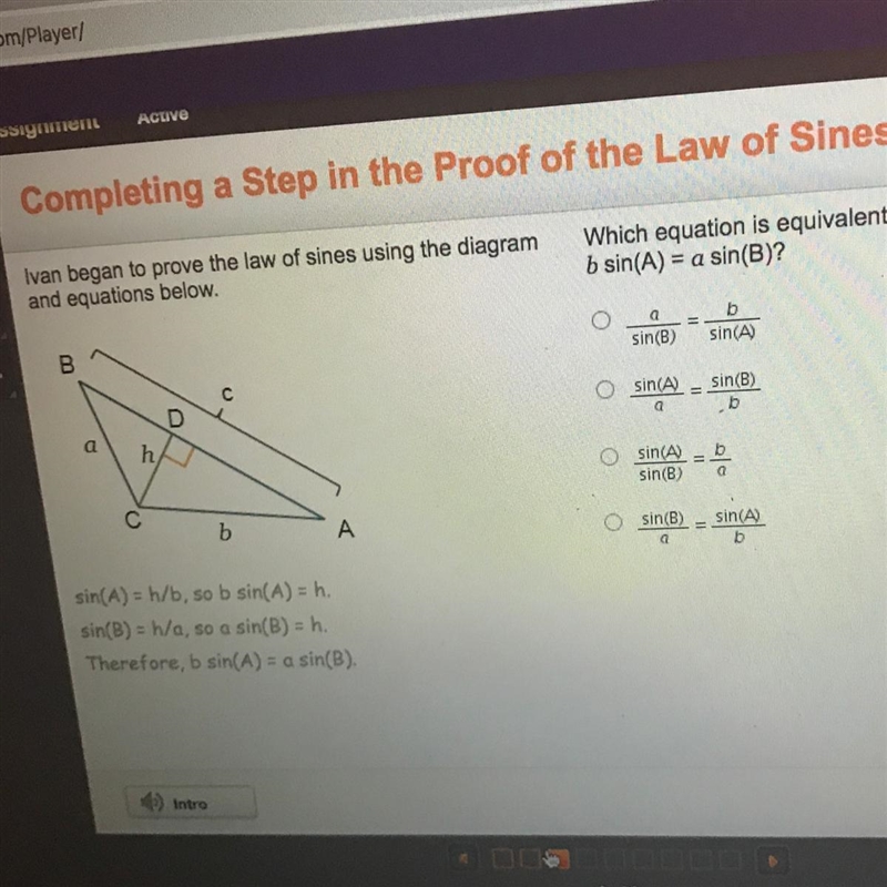 Which equation is equivalent to the equation b sin(A)= a sin (B)-example-1