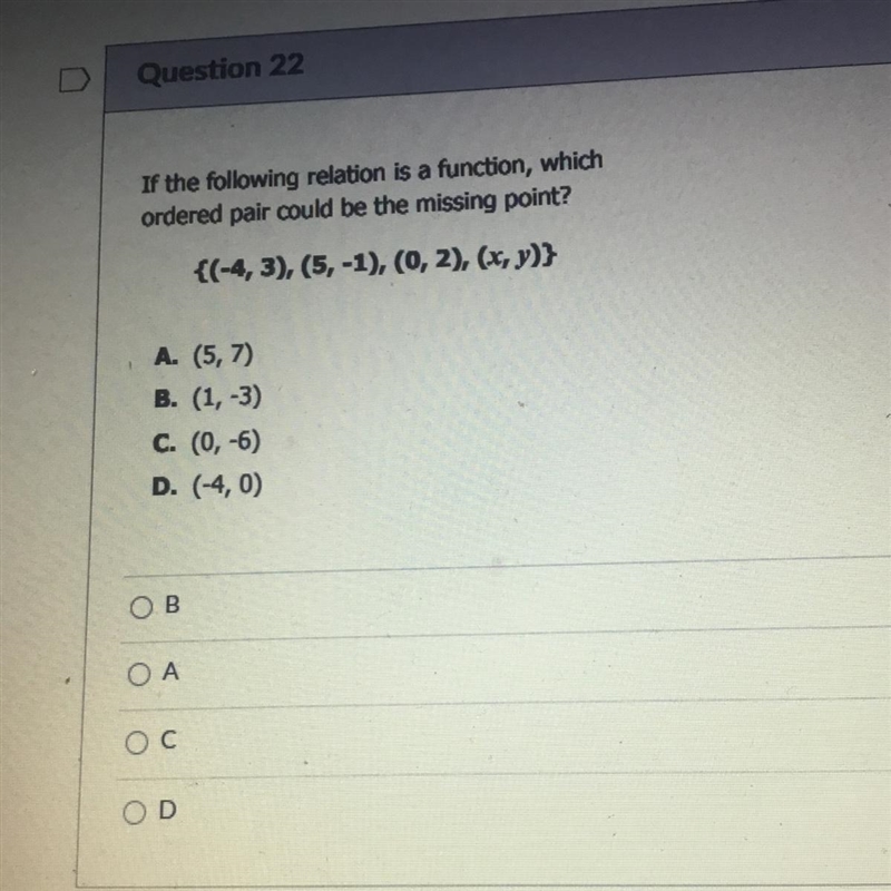 If the following relation is a function, which ordered pair could be the missing point-example-1