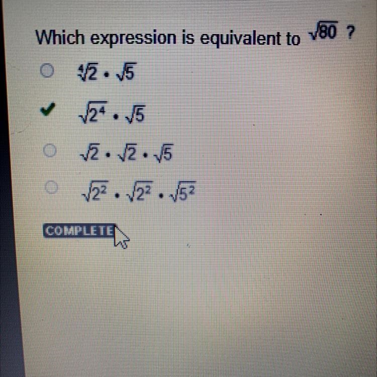 Which expression is equivalent to square root of 80-example-1