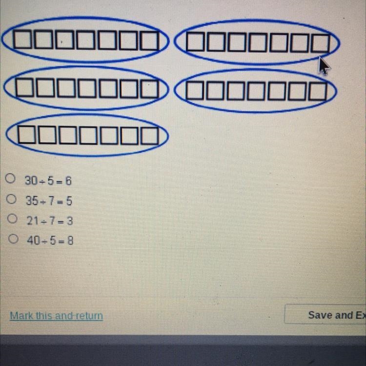 Which division problem does the diagram below best illustrate? A). 30 divided 5 = 6 B-example-1