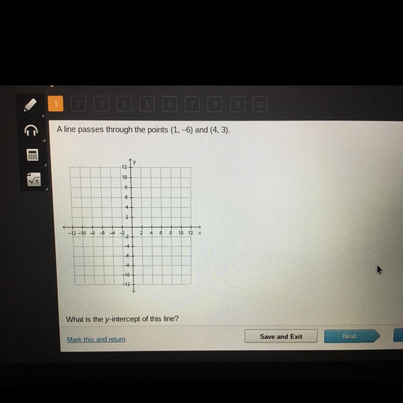 A line passes through the points (1, -6) and (4, 3). 10 8- What is the v-intercent-example-1