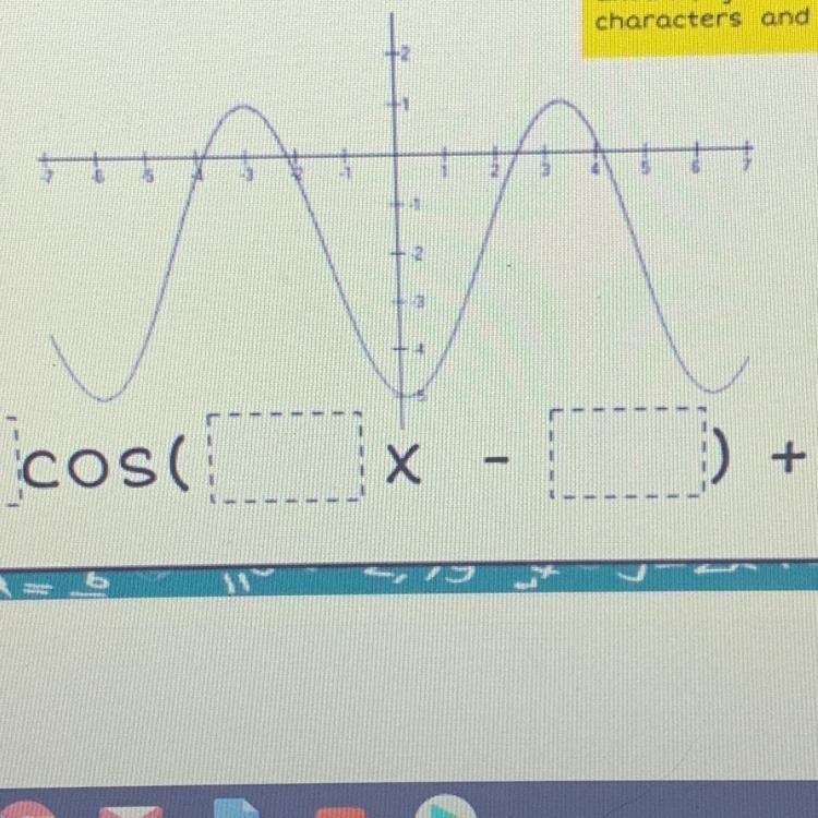 Fill in blanks to write the particular equation of this transformed cosine graph-example-1