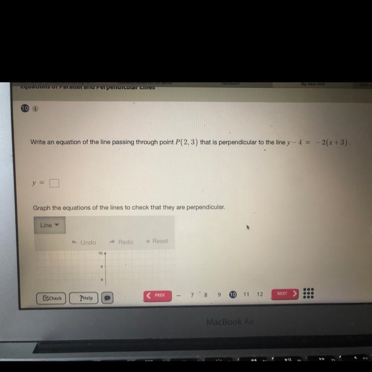 Write an equation of the line passing through point P (2,3) that is perpendicular-example-1