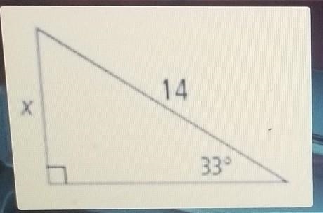 What's the correct ratio? A.)Sin(33)= x/14 B.)Cos(33)= x/14 C.)Cos(33)= 14/x D.) Sin-example-1