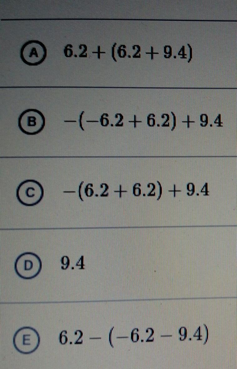 Which of the following expressions are equivalent to (6.2+6.2)+9.4? Choose two answers-example-1