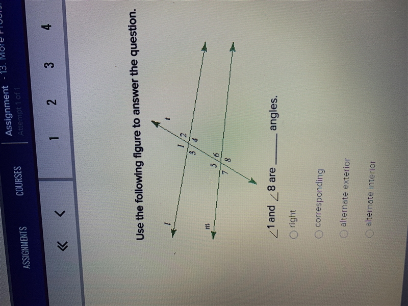 Use the following figure to answer the question. <1 and <8 are________ angles-example-1