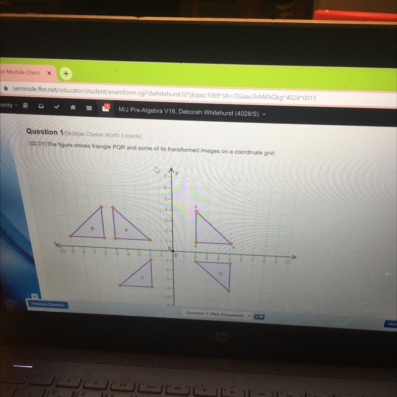 Which of the four triangles was formed by a translation of triangle POR? A B C D-example-1