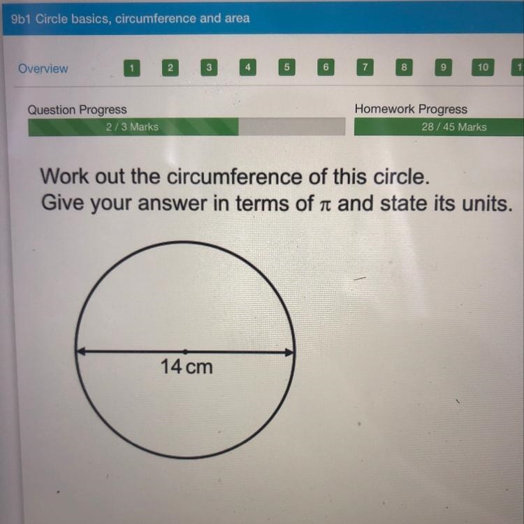 Work out the circumference of this circle. Give your answer in terms of pi and state-example-1