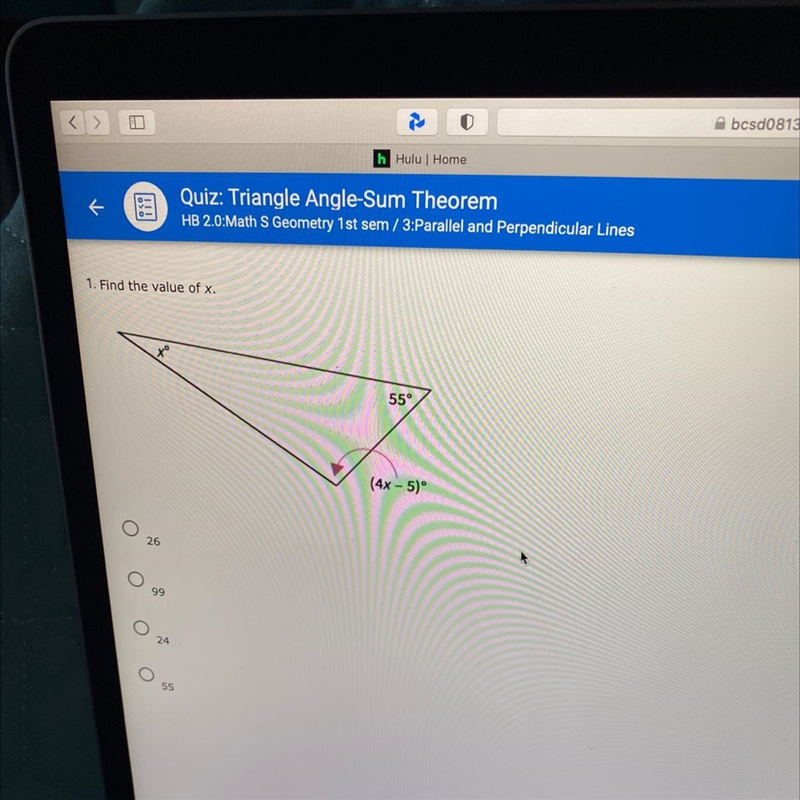 1. Find the value of x. 55° (4x - 5)° O 26 O-example-1