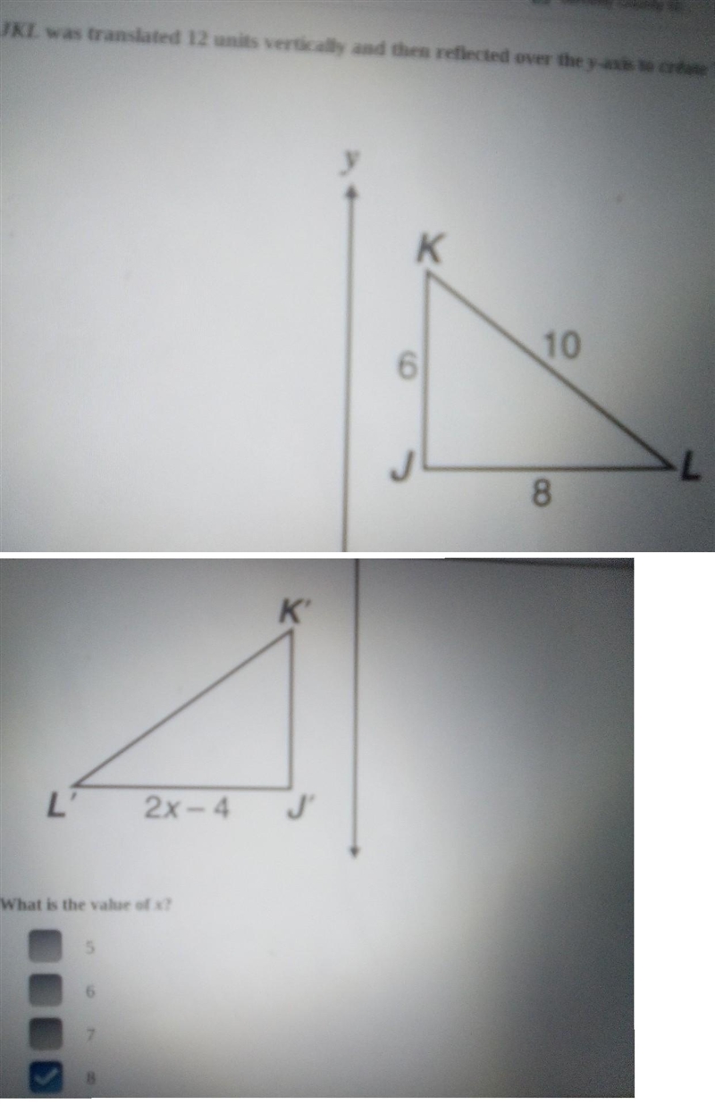 If you guys can't see it well it says "triangle JKL was translated 12 units vertically-example-1