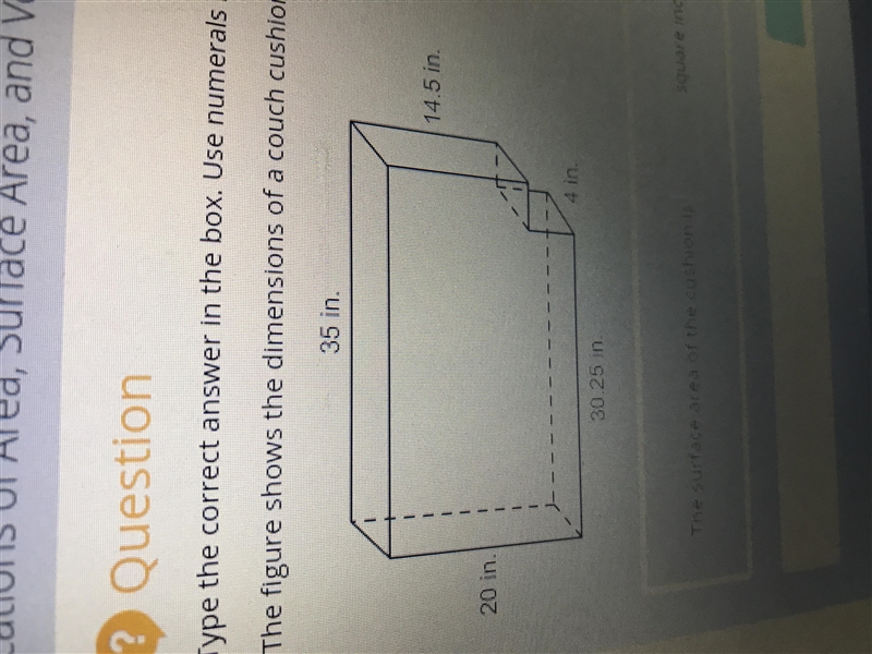 The figure shows the dimensions of the couch cushion find the surface area of the-example-1