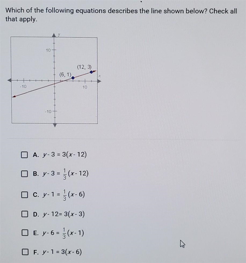 which of the following equations describes the line shown below? check all that apply-example-1