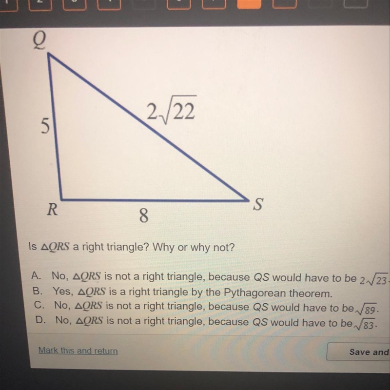 Is QRS a right triangle? Why or why not?-example-1