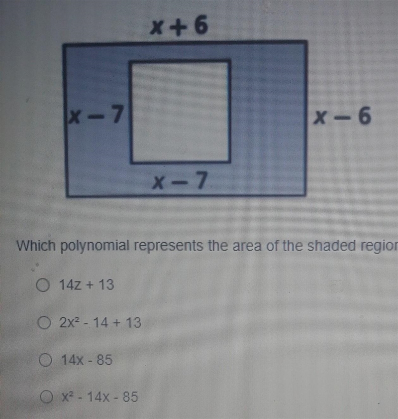 Which polynomial represents the area of the shaded region with the fewest terms?​-example-1