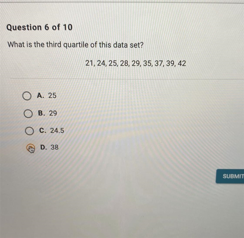 PLEASE HELP!!! What is the third quartile for this data set?-example-1