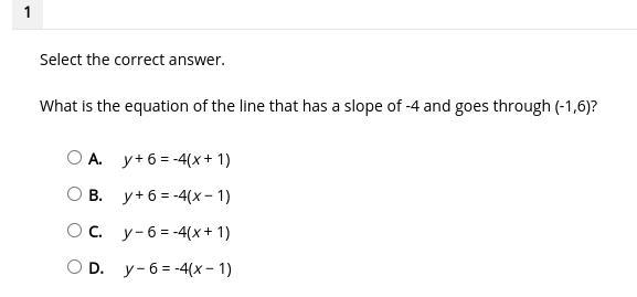 What is the equation of the line that has a slope of -4 and goes through (-1,6)?-example-1