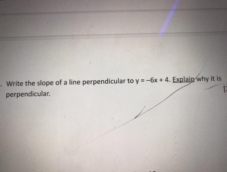 Write the slope of a line perpendicular to y=-6x+4. Explain why it is perpendicular-example-1