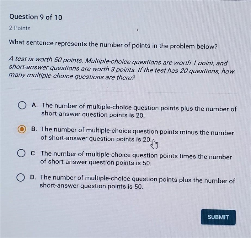 What sentence represents the number of points in the problem below? (Multiple Choice-example-1