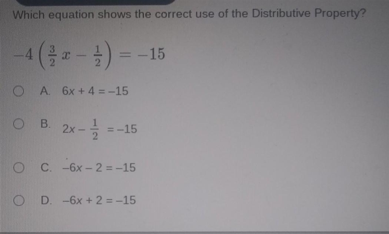 Pls answer***Asap*** !Which equation shows the correct use of the Distributive Property-example-1