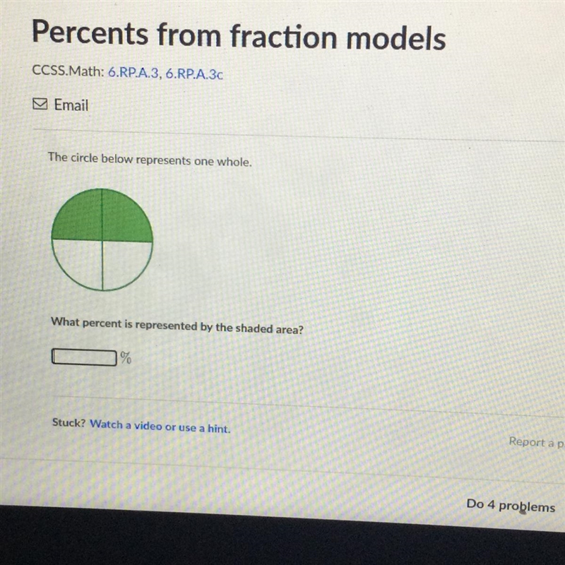 The circle below represents one whole What percent is represented the shaded area-example-1