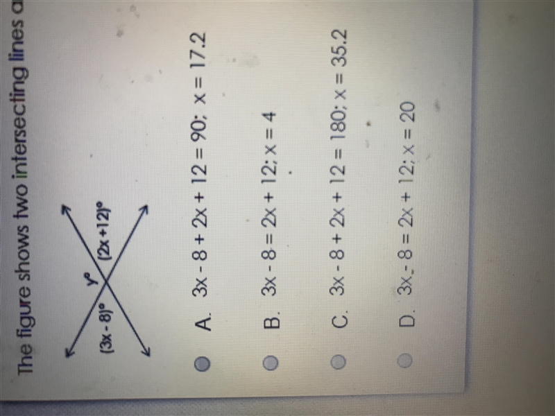 The figure shows two intersecting lines and measures of the resulting angles write-example-1