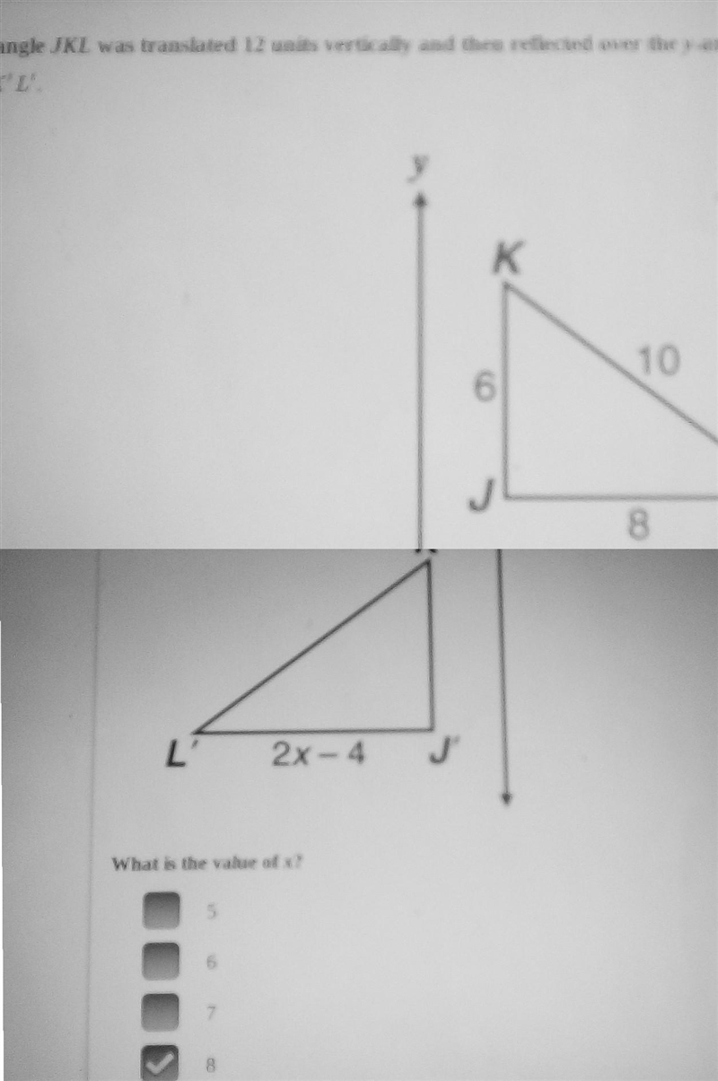 If you guys can't see it , it says Triangle JKL was translated 12 units vertically-example-1