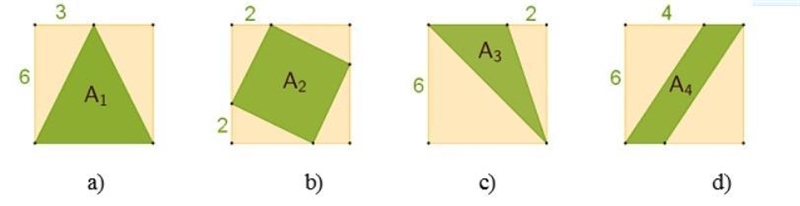 The side length of each square is 6 units. Find the areas of the inscribed shapes-example-1