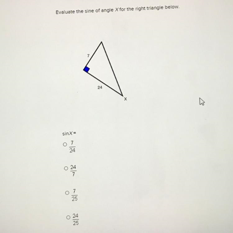 Evaluate the sine of angle X for the right triangle below.-example-1